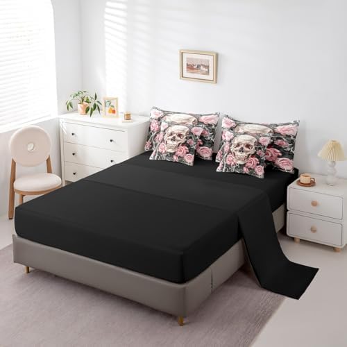 Erosebridal Gothic Skull Bedding Set Twin,Romantic Pink Rose Comforter Set,Spooky Bone Skeleton Floral(Comforter+Fitted+Flat Sheet+2 Pillowcases+2 Throw Pillow Covers) 7 Pieces Halloween Bed Set