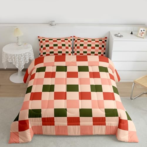 Feelyou Checkered Geometric Bedding Set for Boys Girls Pink Green Red Plaid Comforter Set Queen Size Checkerboard Modern Aesthetic Duvet Quilt Reversible Pink Bedroom Decor 3 Pcs with 2 Pillow Cases