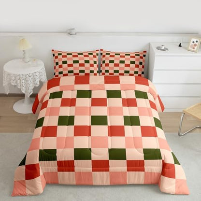 Feelyou Checkered Geometric Bedding Set for Boys Girls Pink Green Red Plaid Comforter Set Twin Size Checkerboard Modern Aesthetic Duvet Quilt Reversible Pink Bedroom Decor 2 Pcs with 1 Pillow Cases