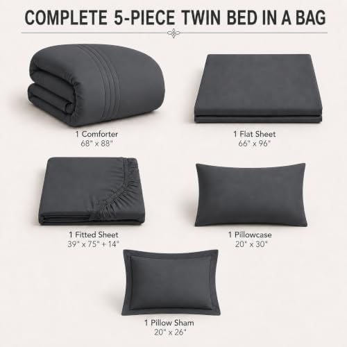 Twin Comforter Set with Sheet Dark Grey, 5 Pieces Bed in a Bag