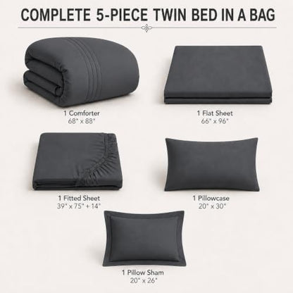 Twin Comforter Set with Sheet Dark Grey, 5 Pieces Bed in a Bag
