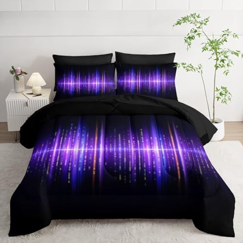 7Pcs Geometric Stripes Comforter Set Purple Gradient Lines Printed Bedding Set with 1 Comforter, 1 Flat Sheet, 1 Fitted Sheet and 4 Pillowcases for Boys and Girls Bedroom (Lines Twin