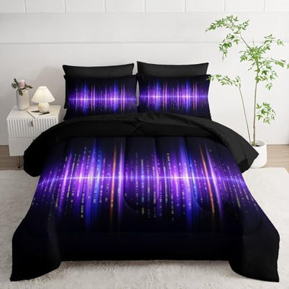 Geometric Stripes Comforter Set Purple Gradient Lines Printed Bedding Set with 1 Comforter, 1 Flat Sheet, 1 Fitted Sheet and 4 Pillowcases for Boys and Girls Bedroom (Lines King