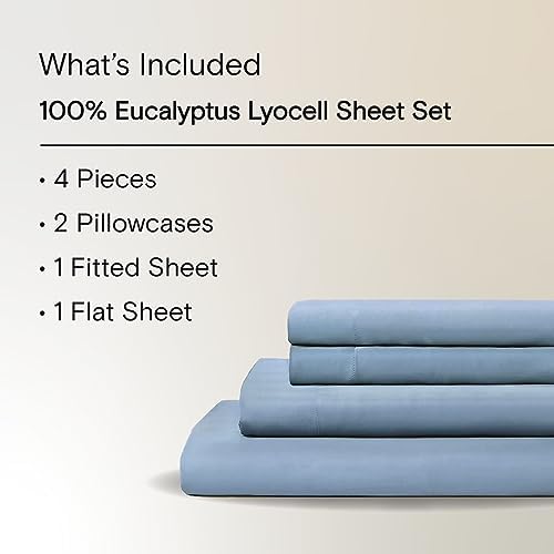 Sijo AiryWeight Tencel Sheet Set, 100% Lyocell Derived from Eucalyptus, Buttery Soft, Architectural Digest Best Cooling Sheets Winner - 4pc - 2 Pillowcases 1 Fitted 1 Top (Sky, Queen)