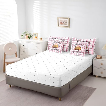 Erosebridal Happy Camping Comforter Set Queen Size,Cartoon RV Bedding Set for Kids Teens,Pink Buffalo Plaid (Comforter+Fitted+Flat Sheet+2 Pillowcases+2 Throw Pillow Covers) 7 Pieces Bed Set