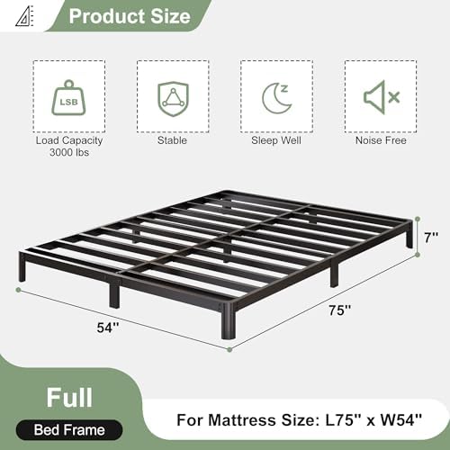 Lutown-Teen 7 Inch Low Profile Full Size Bed Frame with Rounded Corner Legs, 2000 LBS Heavy Duty Metal Full Platform Bed Frame No Box Spring Needed, Easy Assembly, Black