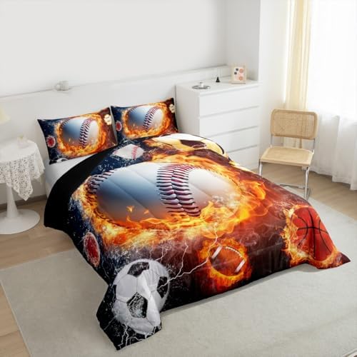 Erosebridal Kids Baseball Bedding Set for Boys King Teen Sports Baseball Comforter Set Football Soccer Bedding Comforters,Lightning Basketball Quilt Duvet Red Blue Water Fire Decor All Season 3 Pcs