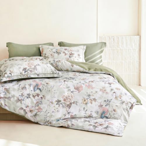 King Comforter Set 3 Pieces, 100% Cotton Vintage Floral Bedding Set for All‑Season, Soft Breathable Reversible Comforter with 2 Pillow Shams