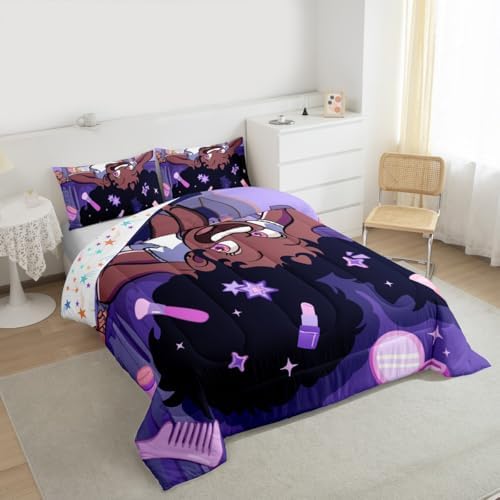 Black Princess Girl Comforter Set Full Size,African American Cartoon Cosmetic Kids Bedding Set,Star Magical Cute Y2K Chic Quilt Comforter,Purple Duvet Insert,2 Pillowcases