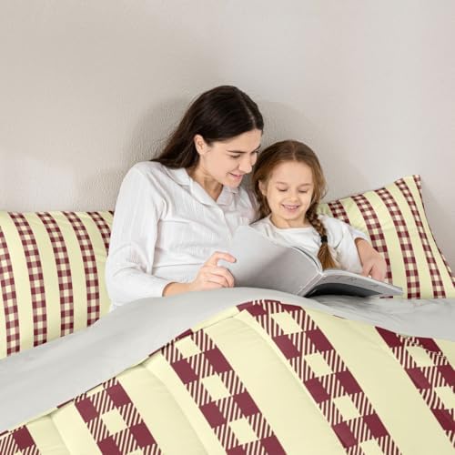 jejeloiu Red Brown Plaid Comforter Set All Season Stripes Bedding Set with 1 Pillow Cases Check Checkered Microfiber Kids Twin Bedclothes Grid Geometric Bedroom Decor Duvet Quilt Breathable Soft