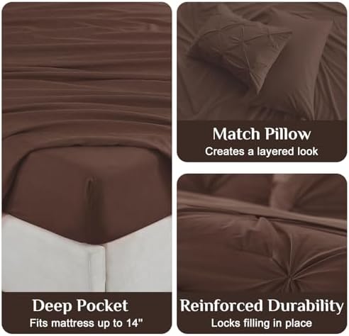 JOLLYVOGUE Twin Comforter Set 5 Pieces - Bed in a Bag Twin for All Season, Pintuck Bedding Comforter Sets with Comforter, Flat Sheet, Fitted Sheet and Pillowcases & Shams, Dark Brown