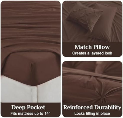 JOLLYVOGUE Twin XL Comforter Set 5 Pieces - Bed in a Bag Twin XL for All Season, Pintuck Bedding Comforter Sets with Comforter, Flat Sheet, Fitted Sheet and Pillowcases & Shams, Dark Brown