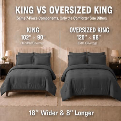 HIMEET Oversized King Comforter Sets, 7-Piece Point-Quilted, Dark Grey