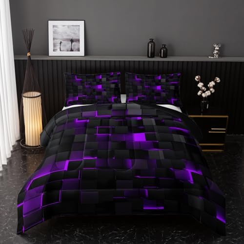 Nttopship Neon Purple Black Comforter Set Full Geometric Kids Bedding Set,3 PCS Geometry Honeycomb Bed Set Modern Quilt Set 1 Comforter 2 Pillow Cases Cool Room Decor All Season B-Side Black