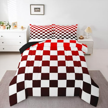 Feelyou Checkered Comforter Set King Size Modern Geometric Gradient Red Bedding Set for Kids Boys Girls Cute Neutral Plaid Duvet Quilt Vintage Aesthetic Bedroom Decor 3 Pcs with 2 Pillow Cases