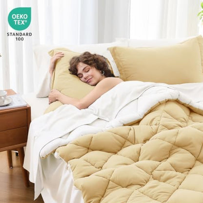 MUXHOMO 7 Pieces Full Comforter Set, Reversible Bed in a Bag Full Size, All Season Bedding Set with Comforter, Flat Sheet, Fitted Sheet, Pillowcases & Shams, Yellow & Ivory