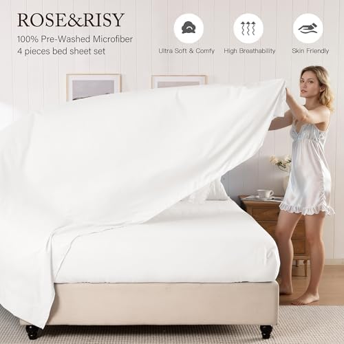 ROSE&RISY White Sheets Queen Sheet Set, Pre-Washed Cotton-Like Brushed Microfiber, 4 Pcs Super Soft Breathable Cooling Bed Sets,Includes 1 Fitted, 1 Flat, 2 Pillowcases (White, Queen)