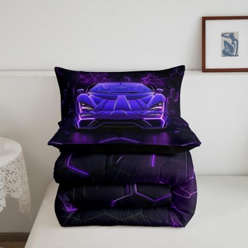 Feelyou Kids Purple Black Race Car Comforter Set,Boys Racing Car Bedding Set Twin Size,Boys Bedroom Room Decor,Cool Speed Luxury Car Comforter,Geometric Hexagon Racing Car Bed Set for All Season
