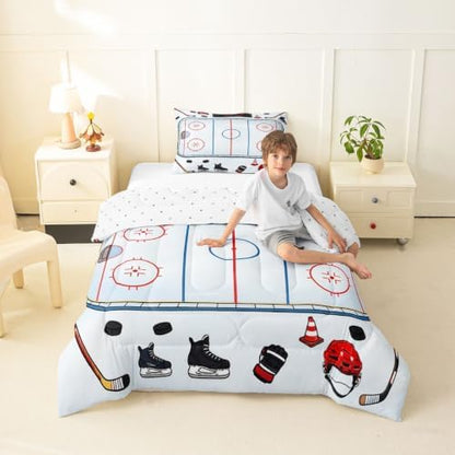 Castle Fairy Ice Hockey Rink Down Comforter Queen Size,Ice Skates Helmet Glove Bedding Sets 3Pcs for Kids Teens Woman Men Room Decor,Cartoon Quilted Duvet Sport Theme Bedspread,2 Pillowcases