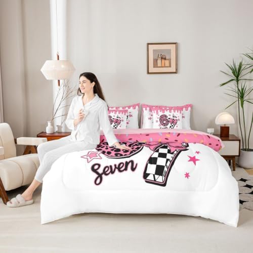 Erosebridal Cartoon 67 Bow Comforter Set Full Size for Girls Leopard Print Plaid Number 7 Piece Bedding Set Girly Six Seven Cute Star Print Bed in A Bag Pink Ice Cream Drip Bed Set