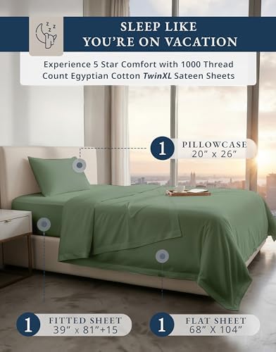LANE LINEN Dorm Sheets Twin XL Set 100% Egyptian Cotton - Iceberg Green