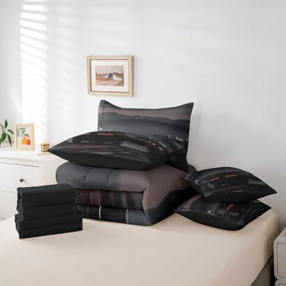 Erosebridal Cool Racing Car 7 Pieces Bedding Set Queen Size,Boys Speed Car Bed in a Bag,Extreme Sports Bed Set Includes Comforter,Sheet Set,Pillowcases & Pillow Covers,Black Race Cars Bedroom Decor