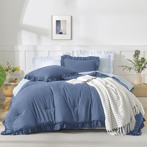Andency Ocean Blue King Size Comforter Set, 3 Pcs Solid Farmhouse Bedding