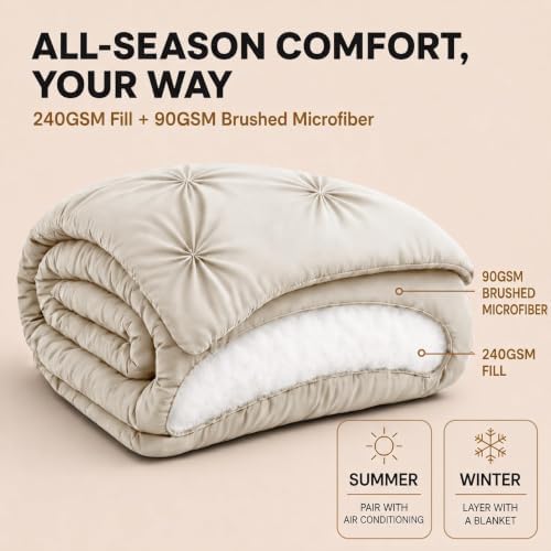 HIMEET Twin Comforter Set Beige - 5 Pieces Pintuck Bed in a Bag