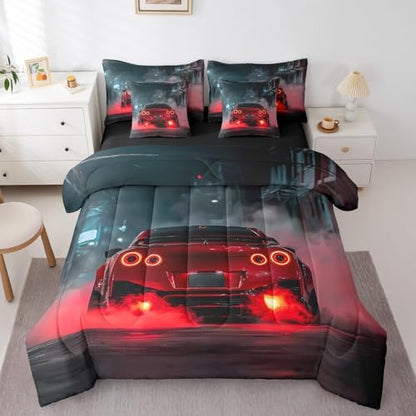 Erosebridal Red Race Car 7 Pieces Bedding Set Full Size,Extreme Sports Gaming Bed in a Bag,Cool Red Speed Car Bed Set Includes Comforter,Sheet Set,Pillowcases & Pillow Covers,Red Black Bedroom Decor