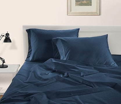 LANE LINEN King Sheets Deep Pocket Sateen Weave - Estate Blue Swiss Dot