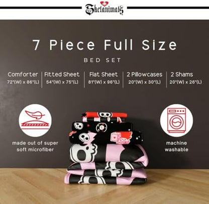Skelanimals Bedding 7 Piece Full Bed Set, Soft Checkered Comforter and Sheet Set with Sham, Kit The Cat, (Officially Licensed Product) by Franco Collectibles