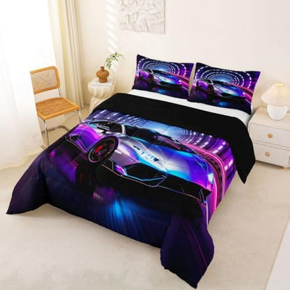 Feelyou Boys Race Car Comforter Set All Season Sports Racing Car Bedding Set with 2 Pillow Cases Purple Racing Extreme Sports Kids Queen Bedclothes Bedroom Decor Duvet Quilt Breathable Lightweight