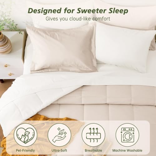 Queen Comforter Set with Sheets - 7 Pieces Bed in a Bag Beige Bedding Sets