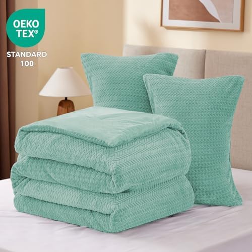 ChiXpace Fleece King Comforter Set Eggshell Blue, Fluffy Bed Set 3 Pieces