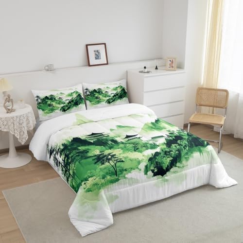 Chinese Style Bedding Set Full Size,Oriental Culture Ink Painting Comforter Set for Kids Girls Boys Adults Room Decor,Tie Dyeing Watercolor Duvet Insert 3Pcs,Mountain Tree Quilt Set,2 Pillowcases