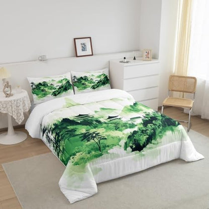 Chinese Style Bedding Set Full Size,Oriental Culture Ink Painting Comforter Set for Kids Girls Boys Adults Room Decor,Tie Dyeing Watercolor Duvet Insert 3Pcs,Mountain Tree Quilt Set,2 Pillowcases