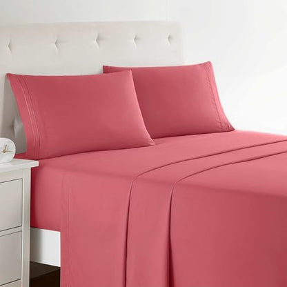 Clara Clark Bed Sheets, Premier 1800 Series 4 Piece Bed Sheet Set, Deep Pocket, Wrinkle, Fade, Stain Resistant, Luxury Soft Bedding Sheets & Pillowcases, Twin-XL, Coral Pink