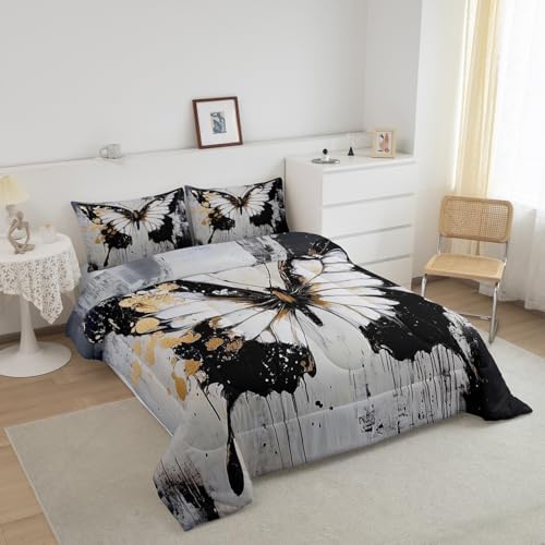 jejeloiu Butterfly Comforter Set King Size Kids Oil Painting Bedding Set for Boys Girls Teens Black White Duvet Breathable Animal Quilt Bedroom Decor,1 Comforter with 2 Pillowcase