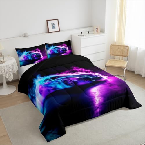 Toddler Comforter Set Boys Room Decor,Cars Bedding Cars Birthday Decorations,Purple Blue Race Car Comforter,Cool Racing Car Duvet Insert for Boys,Extreme Sports Car Gaming for Men Adults,Soft Cozy