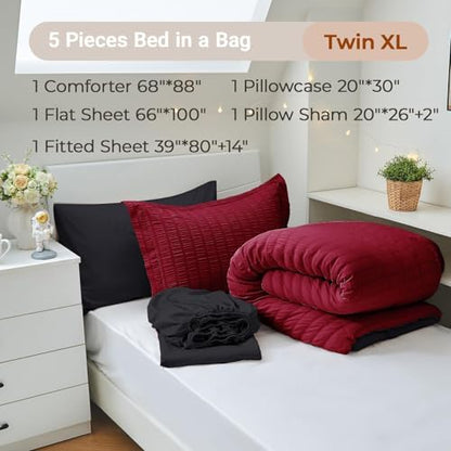 MUXHOMO 5 Pieces Twin XL Comforter Set, Seersucker Bed in a Bag Twin XL Size, All Season Luxury Bedding Set with Comforter, Flat Sheet, Fitted Sheet, Pillowcase & Sham, Red & Black
