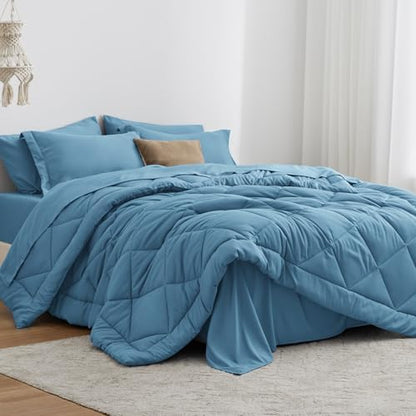 Love's cabin Twin Comforter Set Misty Blue, 5 Pieces Twin Bed in a Bag, All Season Bedding Sets with 1 Comforter, 1 Flat Sheet, 1 Fitted Sheet, 1 Pillowcase and 1 Pillow Sham