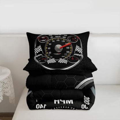 Feelyou Speed Sports Car Bedding Set Soft for Boys Girls, Steering Wheel Comforter Set Queen Size Racing Duvet Quilt Microfiber Extreme Sports Bedroom Decor Automobile 3 Pcs with 2 Pillow Cases