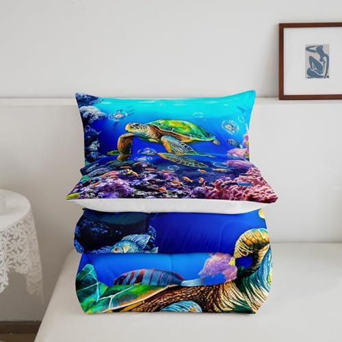 Sea Turtle Comforter Set Queen Size,Ocean Underwater World View Quilt Set Cute Colorful Fish Coral Bedding Set for Kids Girls Boys Adult Room Decor,Blue Hawaii Style Beach Duvet Insert 3Pcs