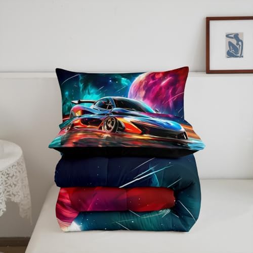 Erosebridal Boys Race Car Comforter King Size for Kids Teens Adults,Extreme Sports Gaming Bedding Set,Cool Speed Car Duvet Insert,Planet Galaxy Quilt Bedroom Decor