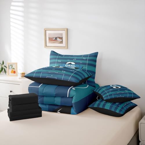 Erosebridal Boys Kids Football Gaming Navy Blue King 7-Piece Comforter Set | Hexagon Honeycomb Sheets and Pillowcases Playground Soccer Bed in A Bag Ball Games Bed Sets