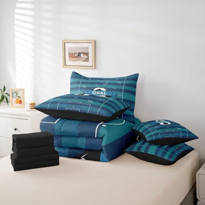 Erosebridal Boys Kids Football Gaming Navy Blue King 7-Piece Comforter Set | Hexagon Honeycomb Sheets and Pillowcases Playground Soccer Bed in A Bag Ball Games Bed Sets