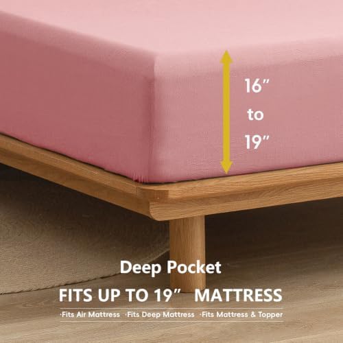 BESTOUCH Sheet Set 100% Washed Cotton Linen Feel Super Soft Comfortable Chic Lightweight 4 Pcs Home Bedding Set Solid Red Pink California King