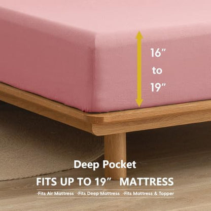 BESTOUCH Sheet Set 100% Washed Cotton Linen Feel Super Soft Comfortable Chic Lightweight 4 Pcs Home Bedding Set Solid Red Pink California King