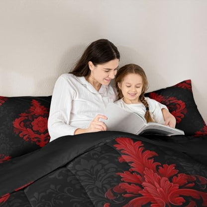 Feelyou Red Gothic Comforter Set King Size Vintage Damask Boho Bedding Set for Kids Boys Girls Exotic Victorian Duvet Quilt Bedroom Decor Microfiber 3 Pcs with 2 Pillow Cases