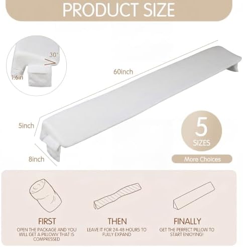 Novabright 60"x8"x5" Bed Wedge Pillow Gap Filler for Headboard Gap Filler Bed Wedge Pillow with Side Pocket Gaps Mattress Wedges Gaps Fillers to Stop Items Falling Down, Removable & Washable (White)